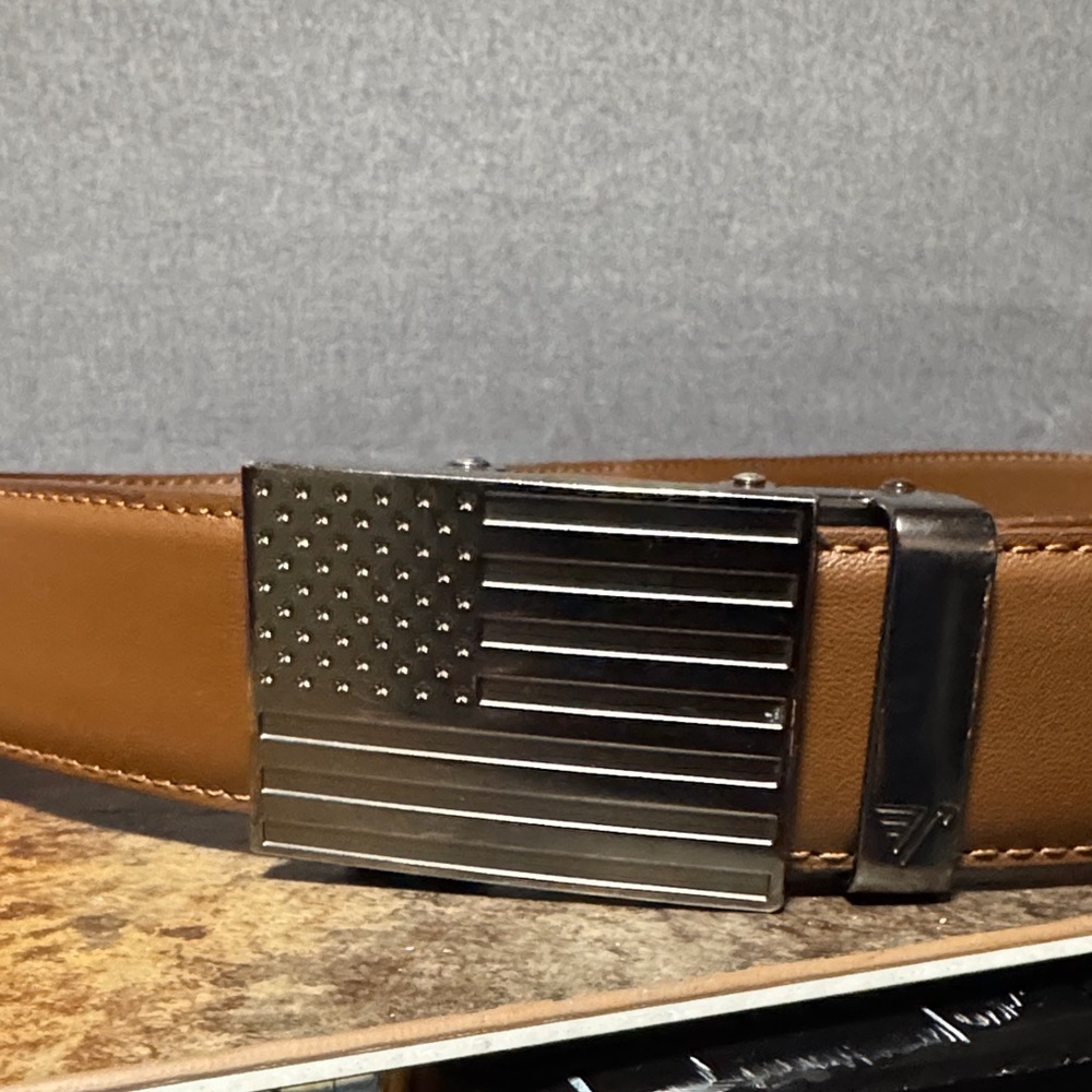 Men's Tan Leather Belt with American Flag Buckle